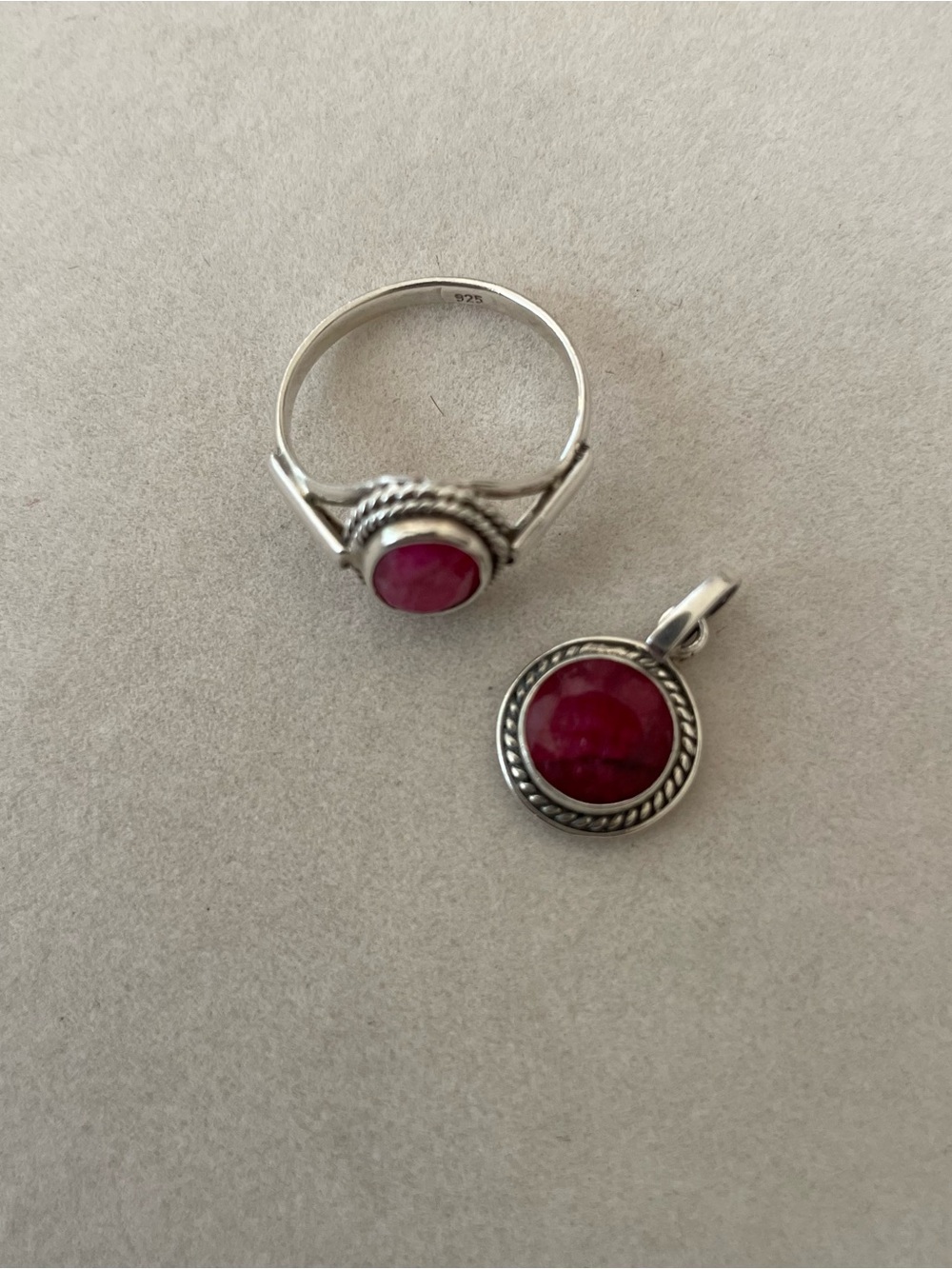 Sterling Silver natural ruby ring and pendant Ring and Pendant Set